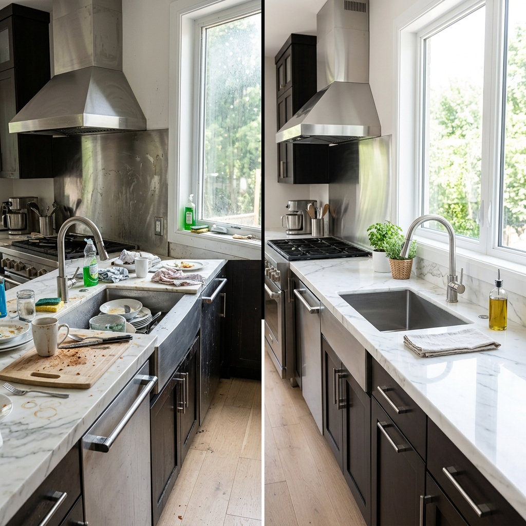 Kitchen before and after professional cleaning by QueenTM — dramatic transformation showing sparkling results